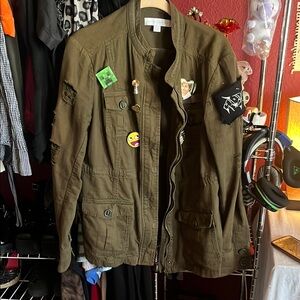 Olive Green Military Style Jacket with Patches